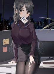 Rule 34 | 1girl, absurdres, black hair, black pantyhose, breasts, brown eyes, churi (oxxchurixxo), cityscape, cowboy shot, desk, highres, id card, indoors, lanyard, large breasts, long hair, long sleeves, monitor, mouth hold, night, office lady, original, pantyhose, pencil skirt, purple shirt, shirt, skirt, solo, torn clothes, torn pantyhose