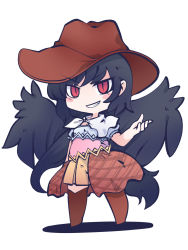 Rule 34 | 1girl, bandana, bird wings, black hair, boots, brown footwear, brown hat, brown skirt, chahan (fried rice0614), cowboy hat, dress, grin, hat, highres, horse tail, kurokoma saki, looking at viewer, multicolored clothes, multicolored dress, one-hour drawing challenge, pegasus, plaid, plaid skirt, red eyes, short sleeves, skirt, smile, solo, standing, tail, touhou, v-shaped eyebrows, white bandana, wings