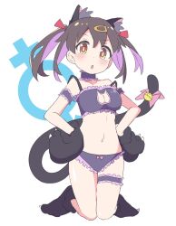 Rule 34 | 1girl, animal ears, animal hands, armband, black hair, blush, bow, bow panties, bra, breasts, cat ears, cat lingerie, cat tail, choker, cleavage cutout, clothing cutout, colored inner hair, commentary, frilled armband, frilled bra, frilled choker, frilled panties, frills, gloves, hair ornament, hairclip, hands on own hips, highres, kneeling, looking at viewer, medium breasts, meme attire, multicolored hair, onii-chan wa oshimai!, orange eyes, oyama mihari, panties, paw gloves, purple choker, purple hair, purple panties, solo, tail, teira (ooxoo), thigh strap, two-tone hair, underwear