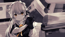 Rule 34 | 1girl, bad id, bad pixiv id, black gloves, expressionless, frilled hairband, frills, girls&#039; frontline, gloves, gun, hairband, handgun, highres, james bond (series), light brown hair, long hair, movie reference, muted color, orange eyes, pocket pistol, ppk (girls&#039; frontline), riko (rik0ring), scene reference, skyfall, solo, spot color, very long hair, walther, walther ppk, weapon