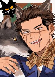 Rule 34 | 1boy, absurdres, animal, animal ears, black hair, blue jacket, blush, brown scarf, facial scar, fangs, golden kamuy, highres, jacker, jacket, male focus, scar, scar on cheek, scar on face, scar on mouth, scar on nose, scarf, short hair, smile, sugimoto saichi, ton (ton19130318), tongue, tongue out, wolf, wolf boy, wolf ears