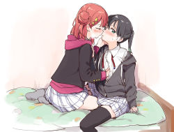Rule 34 | 2girls, black hair, black thighhighs, blanket, blunt bangs, blush, braid, braided bun, breasts, closed eyes, clothing aside, commentary request, gradient hair, green eyes, groping, hair between eyes, hair bun, hair ornament, hairclip, half-closed eyes, half updo, hand on another&#039;s cheek, hand on another&#039;s face, hand on another&#039;s head, hand on another&#039;s shoulder, hand under clothes, hand under shirt, hood, hoodie, imminent kiss, itsuki kuro, kneeling, leaning forward, leg between thighs, looking to the side, love live!, love live! nijigasaki high school idol club, medium hair, multicolored hair, multiple girls, nijigasaki school uniform, on bed, orange hair, outside border, parted lips, partially colored, partially unbuttoned, red hoodie, school uniform, shirt, single side bun, sitting, small breasts, star (symbol), star hair ornament, steaming body, streaked hair, sweatdrop, takasaki yu, thighhighs, twintails, two-tone hair, uehara ayumu, underboob, unfinished, yuri, zettai ryouiki