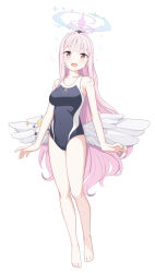 Rule 34 | 1girl, :d, angel wings, bare arms, bare legs, bare shoulders, barefoot, black one-piece swimsuit, blue archive, blunt bangs, breasts, collarbone, competition school swimsuit, dot nose, full body, grey eyes, halo, highres, large breasts, light blush, long hair, looking at viewer, low wings, mika (blue archive), one-piece swimsuit, open mouth, pink hair, saiste, school swimsuit, simple background, smile, solo, sparkle, swimsuit, trinity general school swimsuit, very long hair, white background, white wings, wing ornament, wings