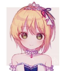 Rule 34 | 1girl, bad id, bad pixiv id, bare shoulders, blonde hair, blush, brown eyes, closed mouth, collarbone, copyright request, detached collar, dress, hair between eyes, jewelry, looking at viewer, necklace, pearl necklace, poyo (shwjdddms249), short hair, smile, solo, strapless, strapless dress, tiara, white dress