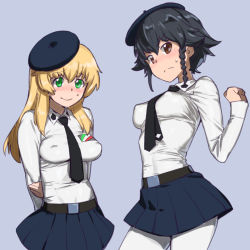 Rule 34 | 2girls, anzio school uniform, arm behind back, arm grab, arms behind back, belt, beret, black belt, black hair, black headwear, black neckwear, black skirt, blonde hair, blush, braid, breasts, brown eyes, carpaccio (girls und panzer), clenched hand, closed mouth, commentary, covered erect nipples, covered navel, dress shirt, emblem, frown, girls und panzer, green eyes, hat, highres, long hair, long sleeves, looking at viewer, medium breasts, miniskirt, multiple girls, necktie, onsen tamago (hs egg), pantyhose, pepperoni (girls und panzer), pleated skirt, school uniform, shirt, short hair, side braid, simple background, skin tight, skirt, smile, standing, sweatdrop, tilted headwear, white legwear, white shirt