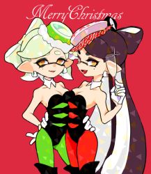 Rule 34 | + +, 2girls, adapted costume, arm around waist, black gloves, black hair, black leotard, boots, breasts, brown eyes, callie (splatoon), champagne flute, christmas, cleavage, closed mouth, collar, commentary, cousins, cup, detached collar, drinking glass, earrings, english text, food, food on head, gloves, green legwear, hand on own hip, holding, holding cup, imaikuy0, inkling, jewelry, leotard, lips, long hair, looking at viewer, marie (splatoon), medium breasts, merry christmas, mole, mole under eye, multiple girls, nintendo, object on head, open mouth, pantyhose, pointy ears, red background, red footwear, short hair, side-by-side, silver hair, simple background, smile, sparkle, splatoon (series), splatoon 1, standing, strapless, strapless leotard, swept bangs, symbol-only commentary, tentacle hair, thigh boots, thighhighs, very long hair, white collar, white gloves