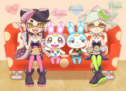 Rule 34 | + +, 4girls, animal crossing, animal nose, artist name, bare shoulders, black dress, black eyes, black footwear, blonde hair, blue fur, blush, blush stickers, body fur, boots, bow-shaped hair, breasts, butter, callie (splatoon), character name, chrissy (animal crossing), cleavage, closed mouth, couch, crossover, cup, detached collar, dress, drink, earrings, english text, fangs, female focus, flat chest, food, fork, francine (animal crossing), full body, gloves, gradient hair, green hair, green pantyhose, grey gloves, hands up, happy, heart, hinana37, holding, holding cup, holding drink, holding fork, holding knife, holding saucer, indoors, inkling, jewelry, jumpsuit, knife, long hair, looking at another, looking to the side, marie (splatoon), mole, mole under eye, multicolored hair, multiple girls, nintendo, object on head, on couch, open mouth, pancake, pancake stack, pantyhose, pillow, pink fur, pink pantyhose, pointy ears, polka dot, polka dot dress, purple dress, purple hair, purple jumpsuit, rabbit ears, rabbit girl, saucer, short dress, short hair, short jumpsuit, siblings, signature, sisters, sitting, sleeveless, sleeveless dress, small breasts, smile, splatoon (series), splatoon 1, straight-on, strapless, strapless dress, suction cups, swept bangs, symmetry, tea, teacup, teeth, tentacle hair, tentacles, two-tone fur, white dress, white fur, wide-eyed, yellow eyes