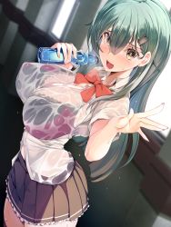 Rule 34 | 1girl, aqua hair, black skirt, blurry, blurry background, blush, bottle, bra, bra visible through clothes, breasts, frilled skirt, frills, hair ornament, hairclip, highres, holding, holding bottle, huge breasts, kantai collection, long hair, looking at viewer, open mouth, pleated skirt, ramune, red bra, red neckwear, see-through, shirt, short sleeves, skirt, solo, suzuya (kancolle), torisan, underwear, wet, wet clothes, wet shirt, white shirt, yellow eyes