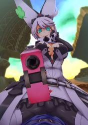 Rule 34 | 1girl, ahoge, aiming, aqua eyes, arc system works, boots, breasts, rabbit ears, cleavage, clover, collar, crazy, crazy eyes, crazy smile, dress, elbow gloves, elphelt valentine, evil smile, fingerless gloves, four-leaf clover, girl on top, gloves, guilty gear, guilty gear xrd, guilty gear xrd: revelator, gun, hand on own face, handgun, large breasts, looking at viewer, pantyhose, pistol, pov, re 2n, short hair, silver hair, smile, spiked collar, spikes, thigh boots, thighhighs, weapon, yandere