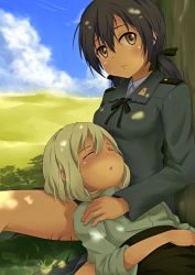 Rule 34 | 2girls, :o, bad id, bad pixiv id, blonde hair, blue sky, blush, brown eyes, brown hair, cloud, dappled sunlight, day, erica hartmann, closed eyes, gertrud barkhorn, lap pillow, military, military uniform, multiple girls, nemo (piisukun), outdoors, shade, short hair, sky, sleeping, sleeves rolled up, strike witches, sunlight, tree, tree shade, twintails, under tree, uniform, world witches series