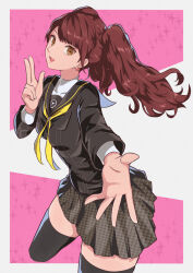 Rule 34 | 1girl, black skirt, black thighhighs, border, breasts, brown eyes, brown hair, commentary, cowboy shot, cropped legs, earrings, eyelashes, grey background, grey border, hand up, highres, jewelry, kujikawa rise, leaning forward, looking at viewer, medium breasts, neckerchief, open mouth, outstretched arm, parted bangs, pekeponn, persona, persona 4, pink background, pleated skirt, school uniform, skirt, solo, swept bangs, teeth, thighhighs, thighs, twintails, two-tone background, upper teeth only, w, yasogami school uniform, yellow neckerchief