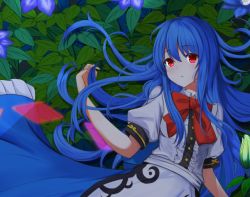 Rule 34 | 1girl, blue flower, blue hair, blue skirt, bow, bowtie, breasts, center frills, commentary request, flower, frills, graphite (medium), hinanawi tenshi, leaf, leaf background, long hair, looking at viewer, lying, morino kino, no headwear, on back, on ground, parted lips, puffy short sleeves, puffy sleeves, red bow, red bowtie, red eyes, shirt, short sleeves, skirt, small breasts, solo, touhou, traditional media, upper body, very long hair, white shirt