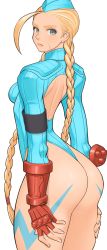 Rule 34 | 1girl, ahoge, antenna hair, ass, blonde hair, blue eyes, braid, breasts, cammy white, camouflage, capcom, closed mouth, fingerless gloves, gloves, hat, highres, huge ahoge, leotard, lips, long hair, long sleeves, looking at viewer, looking back, medium breasts, scar, shigenobu, simple background, solo, street fighter, thighs, twin braids, twintails, white background