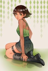 Rule 34 | 1girl, animification, argyle, argyle background, argyle clothes, artist name, black footwear, black hair, blunt bangs, boots, breasts, buttercup (ppg), earrings, fishnet top, fishnets, full body, green background, green eyes, green nails, green shirt, grey skirt, highres, jewelry, knee boots, kneeling, long sleeves, looking at viewer, looking back, medium breasts, miniskirt, mole, mole under eye, nail polish, parted lips, powerpuff girls, shirt, short hair, skirt, solo, syertse, tan, thigh strap