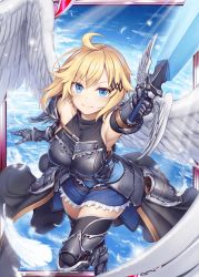 Rule 34 | 1girl, akkijin, angel wings, armor, armpits, bare shoulders, blonde hair, blue eyes, blue sky, breasts, card (medium), day, feathers, flying, holding, holding sword, holding weapon, large breasts, official art, shinkai no valkyrie, short hair, sky, smile, sword, thighhighs, weapon, wings