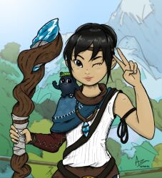 Rule 34 | 1girl, 3others, belt, black hair, black shorts, blue capelet, blue eyes, boots, capelet, commentary, creature, english commentary, full body, fur-trimmed boots, fur trim, gem, grass, hair bun, jewelry, kena: bridge of spirits, kena (kena), knee boots, lips, loose belt, marmalade mum, multiple others, outdoors, pendant, rot (kena), scarf, seiza, short hair, shorts, single hair bun, sitting, white background