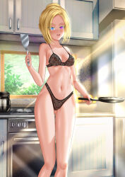 Rule 34 | 1girl, black bra, black panties, blonde hair, blue eyes, blurry, blurry background, bra, braid, breasts, commentary, commission, dust cloud, english commentary, gluteal fold, half-closed eyes, heterochromia, highleg, highleg panties, highres, holding, holding spatula, indoors, kein hasegawa, kitchen, lace, lace-trimmed bra, lace-trimmed panties, lace bra, lace panties, lace trim, lingerie, looking at viewer, medium breasts, mixed-language commentary, navel, open mouth, original, panties, purple eyes, short hair, frying pan, smile, solo, spatula, standing, stove, sunlight, underwear, underwear only