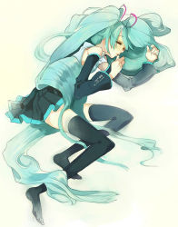 Rule 34 | 1girl, black thighhighs, blue hair, cha tsuu, chachie, detached sleeves, closed eyes, green eyes, green hair, hatsune miku, long hair, lying, matching hair/eyes, on side, pleated skirt, skirt, sleeping, solo, thighhighs, twintails, very long hair, vocaloid