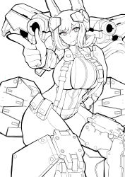Rule 34 | 1girl, absurdres, alice gear aegis, bodysuit, breasts, domidori, finger gun, floating hair, highres, large breasts, lineart, long hair, looking at viewer, mecha musume, rita henschel, science fiction, smile, solo, v-shaped eyebrows, white background