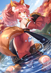 Rule 34 | 1girl, absurdres, animal ears, animal hands, bell, black thighhighs, bridge, collar, day, detached sleeves, fate/grand order, fate (series), fox ears, fox tail, from behind, full body, gloves, highres, japanese clothes, kimono, looking at viewer, looking back, neck bell, obi, outdoors, partially submerged, paw gloves, paw print, paw shoes, pelvic curtain, pink hair, ponytail, red kimono, river, sash, shoes, short kimono, sky, sll, solo, tail, tamamo (fate), tamamo cat (fate), tamamo cat (first ascension) (fate), thighhighs, yellow eyes