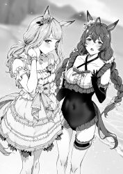 Rule 34 | 2girls, ahoge, alternate costume, blurry, blurry background, blush, braid, breasts, cleavage, closed mouth, collarbone, commentary request, detached sleeves, greyscale, hair between eyes, hair ornament, highres, jewelry, looking at viewer, low twin braids, low twintails, medium breasts, mejiro bright (umamusume), mejiro mcqueen (umamusume), monochrome, multiple girls, necklace, ocean, open mouth, sparkle, sugarbeat, swimsuit, twin braids, twintails, umamusume