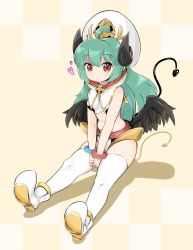 Rule 34 | + +, 1girl, ahoge, arcana trust, belt, black wings, boots, breasts, capelet, checkered background, crop top, demon girl, demon horns, demon tail, green hair, hat, highres, horns, long hair, looking at viewer, low wings, midriff, nimu (aruka7x21), pointy ears, red eyes, shinrabanshou, short shorts, shorts, sitting, small breasts, solo, tail, thighhighs, white thighhighs, wings