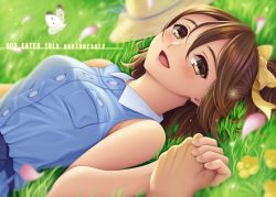 Rule 34 | 1girl, :d, anniversary, belt, blue belt, blue dress, blurry, blurry background, blush, bow, breast pocket, breasts, brown eyes, brown hair, bug, butterfly, collared dress, commentary request, copyright name, depth of field, dress, dress shirt, flower, god eater, grass, hair between eyes, hair bow, hat, unworn hat, unworn headwear, holding hands, insect, large breasts, looking at viewer, lying, on back, open mouth, outdoors, petals, pocket, ponytail, pov, pov hands, shirt, sleeveless, sleeveless dress, smile, solo focus, sun hat, upper body, utsugi iroha, watanuki kaname, white butterfly, yellow bow