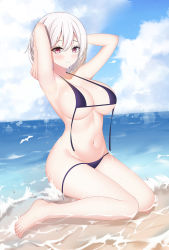 Rule 34 | 1girl, armpits, arms up, azur lane, bare arms, bare shoulders, barefoot, beach, bikini, breasts, cleavage, day, groin, halterneck, highres, large breasts, lin (user uzmw2535), looking at viewer, navel, ocean, outdoors, purple bikini, red eyes, short hair, sirius (azur lane), sitting, smile, solo, stomach, string bikini, swimsuit, thighs, untied bikini, water, white hair