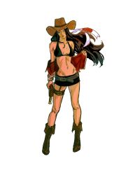 Rule 34 | 1girl, absurdres, belt, bikini, bikini top only, black hair, boots, commentary, cowboy hat, full body, gun, hat, highres, holding, holding gun, holding weapon, long hair, looking at viewer, miniskirt, nico robin, nirelle art, one piece, simple background, skirt, solo, swimsuit, weapon, white background