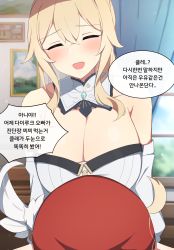 Rule 34 | 2girls, bare shoulders, blonde hair, blush, breasts, cleavage, closed eyes, crossed bangs, curtains, detached collar, detached sleeves, drawing (object), genshin impact, hair between eyes, highres, indoors, jean (genshin impact), klee (genshin impact), large breasts, looking at another, multiple girls, open mouth, picture frame, poyeop, red headwear, standing, translation request, window