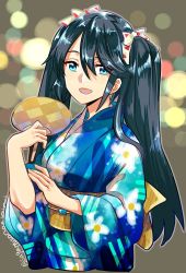 Rule 34 | 1girl, :d, alternate costume, blue eyes, blue hair, blue kimono, blurry, bokeh, commentary, cropped torso, depth of field, hair between eyes, hair over shoulder, hair ribbon, hand fan, holding, holding fan, isuzu (kancolle), japanese clothes, kantai collection, kimono, long hair, long sleeves, looking at viewer, obi, open mouth, paper fan, ribbon, sagamiso, sash, smile, solo, twintails, twitter username, uchiwa, white ribbon, wide sleeves, yellow sash