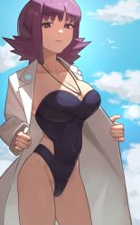 Rule 34 | 1girl, blue one-piece swimsuit, breasts, cleavage, closed mouth, covered navel, creatures (company), game freak, highres, jewelry, lab coat, large breasts, looking at viewer, necklace, nintendo, niwatori5948, one-piece swimsuit, philena ivy, pokemon, pokemon (anime), pokemon (classic anime), purple eyes, purple hair, short hair, smile, solo, strapless, swimsuit
