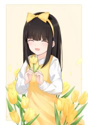 Rule 34 | 1girl, :d, ^ ^, black hair, blush, bow, brown background, closed eyes, collared shirt, commentary request, devotion, dress, du meishin, facing viewer, flower, hair bow, hairband, highres, holding, leria v, long hair, long sleeves, open mouth, origami, shirt, sleeveless, sleeveless dress, smile, solo, tulip, two-tone background, white background, white shirt, yellow bow, yellow dress, yellow flower, yellow hairband