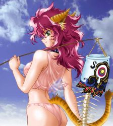 Rule 34 | 1girl, animal ears, ass, camisole, cat ears, cat tail, collar, green eyes, lingerie, looking back, manabe jouji, midriff, panties, pink hair, red hair, see-through, smile, solo, tail, underwear