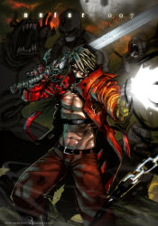 Rule 34 | 1boy, abs, belt bra, coat, dante (devil may cry), devil may cry (series), dexter soy, firing, gun, hair over one eye, huge weapon, long coat, muzzle flash, open clothes, open coat, over shoulder, pants, pectorals, red coat, short hair, solo focus, sword, sword over shoulder, topless male, weapon, weapon over shoulder, white hair