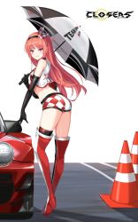 Rule 34 | 1girl, ass, bare shoulders, belt, boots, breasts, car, closers, crop top, cropped vest, elbow gloves, gloves, grin, hairband, high heel boots, high heels, holding, holding umbrella, long hair, looking at viewer, looking back, luna aegis (closers), midriff, motor vehicle, official art, porsche, porsche 911, purple eyes, race queen, red hair, short shorts, shorts, single thighhigh, sleeveless, smile, solo, standing, thigh boots, thighhighs, thighs, traffic cone, umbrella, v-shaped eyebrows, vest
