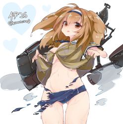 Rule 34 | 10s, 1girl, armpit peek, breasts, cleavage, cointreau, hairband, highres, i-26 (kancolle), kantai collection, large breasts, long hair, looking at viewer, mecha musume, solo, swimsuit, thigh gap, torn clothes, two-tone hairband, two side up, wet