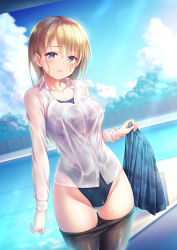 Rule 34 | 1girl, black pantyhose, blonde hair, blue eyes, blue one-piece swimsuit, blue skirt, blush, breasts, clothes pull, collarbone, competition swimsuit, cowboy shot, day, dress shirt, gluteal fold, hand up, highres, holding, holding clothes, holding skirt, looking at viewer, medium breasts, one-piece swimsuit, original, outdoors, pantyhose, pantyhose pull, parted lips, plaid, plaid skirt, pleated skirt, pool, poolside, see-through, shirt, skirt, unworn skirt, smile, solo, standing, sunlight, swimsuit, swimsuit under clothes, undressing, wet, wet clothes, wet shirt, white shirt, yuurei yashiki