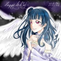 Rule 34 | 1girl, artist name, artist request, bare shoulders, black sky, blue hair, blush, breasts, cloud, collarbone, detached collar, feathers, female focus, hair bun, hair over shoulder, long hair, looking at viewer, love live!, love live! sunshine!!, night, night sky, outdoors, parted lips, pink eyes, puffy short sleeves, puffy sleeves, purple eyes, short sleeves, side bun, single hair bun, sky, small breasts, smile, solo, star (sky), teeth, tsushima yoshiko, upper body, white detached collar, white feathers, white wings, wings