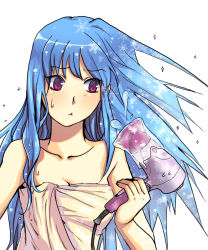 Rule 34 | 1girl, :&lt;, :t, after bathing, bad id, bad pixiv id, blue hair, breasts, cleavage, collarbone, face, failure, frozen, gameplay mechanics, hair dryer, highres, ice, kkaiju, kula diamond, long hair, naked towel, purple eyes, small breasts, snk, solo, the king of fighters, towel, wet, wet hair