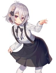 Rule 34 | 1girl, :o, antenna hair, black bow, black ribbon, black skirt, blush, bow, collared shirt, commentary request, cosplay, dress shirt, flower, grey hair, hair between eyes, hair flower, hair ornament, hair ribbon, hand up, hatoba tsugu, hatoba tsugu, hatoba tsugu (cosplay), highres, kokkoro (princess connect!), leaning forward, long sleeves, looking at viewer, pantyhose, parted lips, pleated skirt, pointy ears, princess connect!, rangen, red eyes, ribbon, rose, shirt, simple background, skirt, skirt hold, solo, suspender skirt, suspenders, white background, white flower, white pantyhose, white rose, white shirt