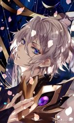 Rule 34 | 1boy, artist name, blue eyes, chinese clothes, close-up, fate/grand order, fate (series), fingerless gloves, gloves, hair between eyes, highres, holding, horned mask, light, light particles, long sleeves, looking at viewer, male focus, mask, unworn mask, open mouth, petals, prince of lan ling (fate), pvc parfait, silver hair, solo, twintails, upper body