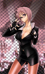 Rule 34 | 1girl, bespectacled, blazer, blush, breasts, business suit, chain-link fence, cleavage, fence, formal, glasses, gloves, jacket, large breasts, pantyhose, pencil skirt, pink hair, purple eyes, satou shouji, short hair, skirt, skirt suit, solo, suit, sweat