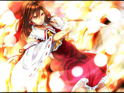 Rule 34 | 1girl, arm up, ascot, bad id, bad pixiv id, bow, brown hair, danmaku, detached sleeves, facing away, fiery background, fire, gohei, hair bow, hair tubes, hakurei reimu, leaning back, long hair, parted lips, red eyes, skirt, skirt set, solo, touhou, yuhito (ablbex)