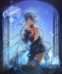 Rule 34 | 1girl, artist name, bare legs, bare shoulders, black dress, blue eyes, blue hair, blue nails, bracelet, breasts, bug, butterfly, cleavage, detached sleeves, dress, earrings, fairy, finger to mouth, hair between eyes, hair ornament, highres, insect, jewelry, light, light blue hair, light blush, long hair, looking at viewer, medium breasts, nail polish, night, night sky, noir (ibaraki), original, parted bangs, parted lips, pointy ears, sky, smile, solo, sparkle, standing, very long hair, watermark, window