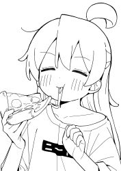 Rule 34 | 1girl, :t, absurdres, ahoge, blush, cheese trail, closed eyes, closed mouth, collarbone, commentary request, eating, facing viewer, food, greyscale, hair between eyes, hand up, highres, holding, holding food, long hair, monochrome, off shoulder, onii-chan wa oshimai!, oyama mahiro, pizza, pizza slice, seramikku, shirt, short sleeves, solo, upper body