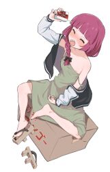 Rule 34 | 1girl, alcohol carton, arm up, barefoot, black bow, black jacket, black nails, blunt bangs, bocchi the rock!, bow, box, braid, braided ponytail, breasts, cardboard box, closed eyes, collarbone, commentary request, doka yuki (tsumorisugi), dress, feet, full body, geta, green dress, grey jacket, hair bow, hair over shoulder, highres, hiroi kikuri, holding, holding carton, jacket, large areolae, legs, long hair, long sleeves, medium dress, multicolored clothes, multicolored jacket, nail polish, nipple slip, nipples, off shoulder, on box, open clothes, open jacket, open mouth, purple hair, sandals, sharp teeth, sidelocks, simple background, sitting, sitting on box, small breasts, solo, spread toes, strap slip, teeth, toenail polish, toenails, toes, translation request, two-tone jacket, unworn sandal, unworn sandals, upper teeth only, white background