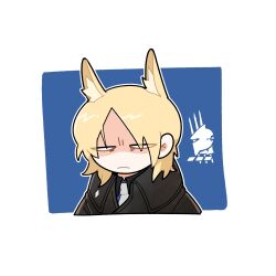 Rule 34 | 1boy, animal ear fluff, animal ears, arknights, blank eyes, blonde hair, blue background, high collar, highres, horse boy, horse ears, knaquane, male focus, mlynar (arknights), short hair, solo, upper body