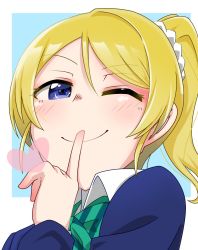 Rule 34 | 1girl, ;), artist name, artist request, ayase eli, black jacket, blonde hair, blue cardigan, blue eyes, blue jacket, blush, bow, bowtie, breasts, cardigan, close-up, collared shirt, female focus, finger to mouth, floating hair, green bow, hair between eyes, hair ornament, hair scrunchie, heart, heart (symbol), high ponytail, highres, jacket, long hair, long sleeves, looking at viewer, love live!, love live! school idol project, one eye closed, otonokizaka school uniform, parted lips, ponytail, school uniform, scrunchie, shirt, short hair, short sleeves, smile, solo, striped, striped bow, upper body, white scrunchie, white shirt, wink
