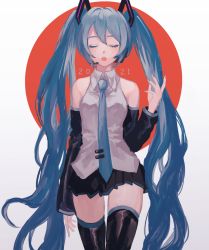 Rule 34 | 1girl, 2021, arm at side, bare shoulders, black skirt, black sleeves, black thighhighs, blue hair, blue necktie, closed eyes, collared shirt, commentary, cowboy shot, detached sleeves, facing viewer, flag background, grey shirt, hand up, hatsune miku, headset, japanese flag, long hair, long sleeves, miniskirt, necktie, open mouth, p2 (uxjzz), pleated skirt, shirt, skirt, solo, thighhighs, twintails, very long hair, vocaloid, zettai ryouiki